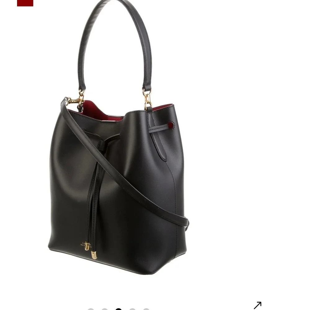 Lauren Ralph Lauren Debby Drawstring Bucket Bag Black Leather Red Interior Gold